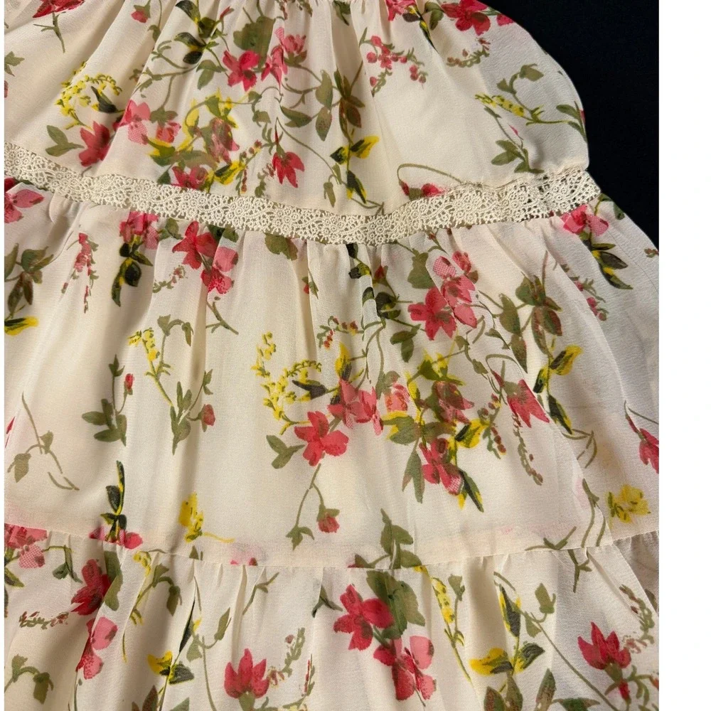 Taylor Floral Chiffon Tiered Mini Dress Cream Pink Smocked Waist Size M‎ - Picture 5 of 9